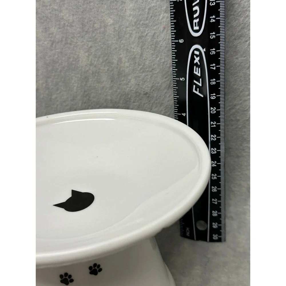Necoichi Raised Cat‎ Food Bowl White Ceramic Paw Print Happy Dining Kitten